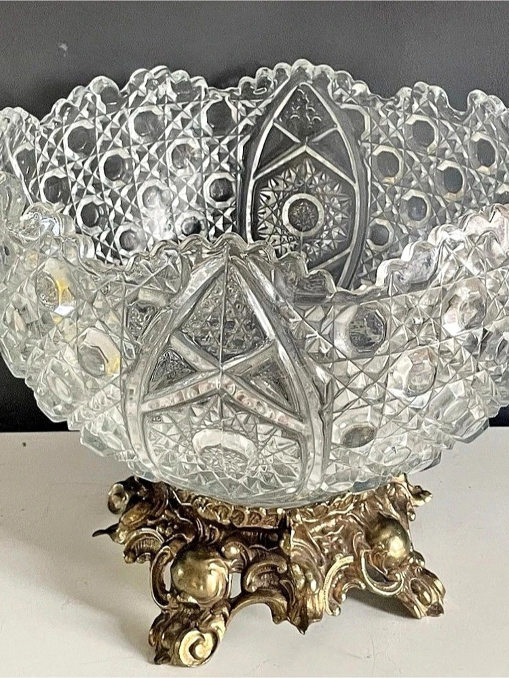 Vintage Large Glass Centerpiece Bowl With Victorian Style Brass Stand, Circa 195